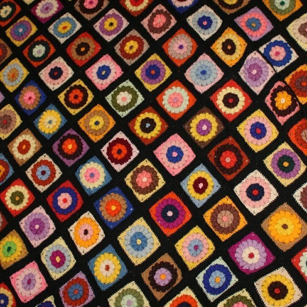 1960's 3D Flower Floral Afghan Granny Multicolor Crochet Blanket Handmade 62x78